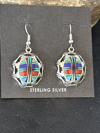 Blue Turquoise & Spiny Oyster Navajo Sterling Silver Inlay Earrings 1” 14763
