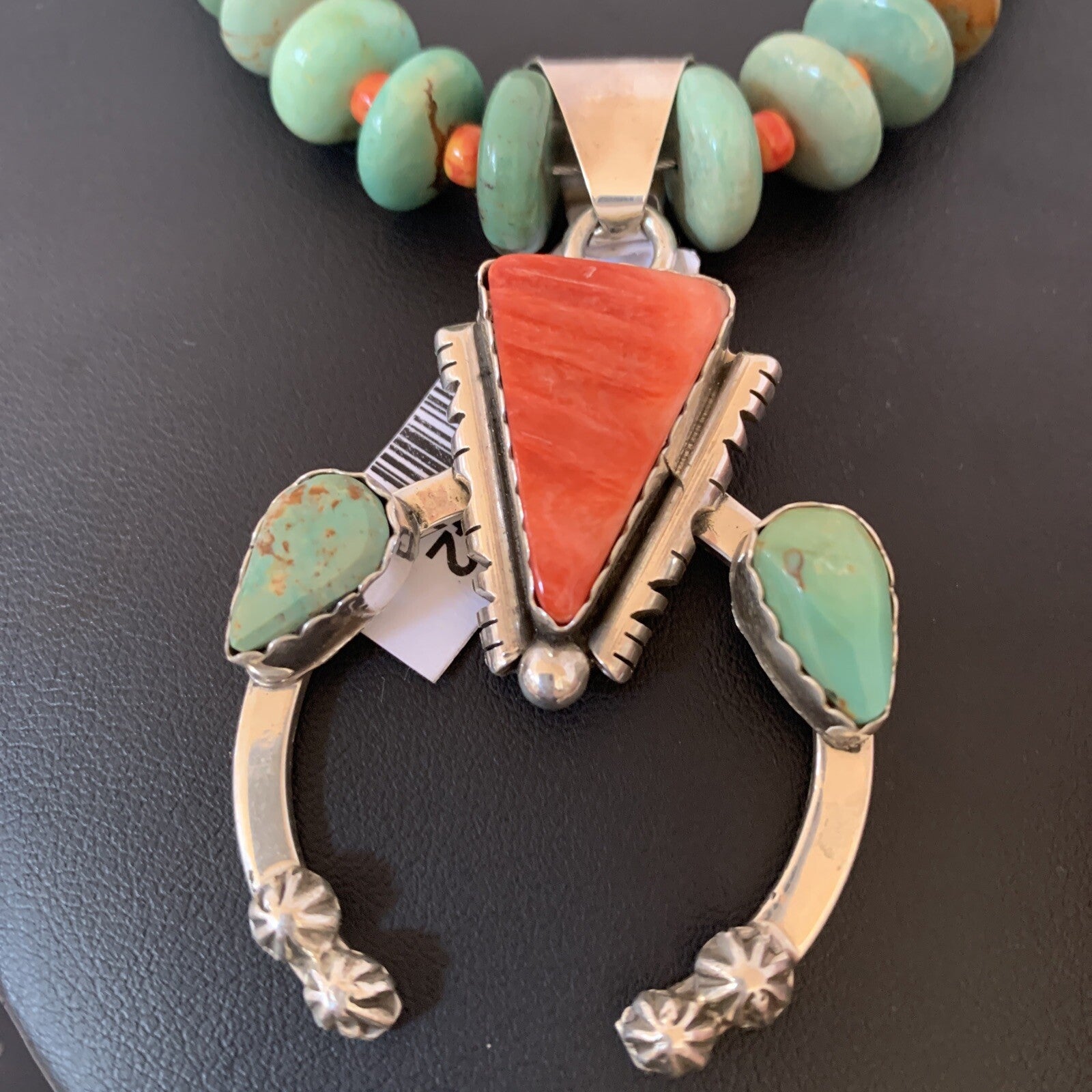 Royston Turquoise & Spiny Oyster Pendant Navajo Sterling Silver Necklace 02042