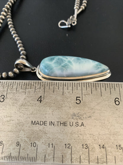 Womens Blue Larimar Pendant Navajo Sterling Silver Beads Necklace 01766