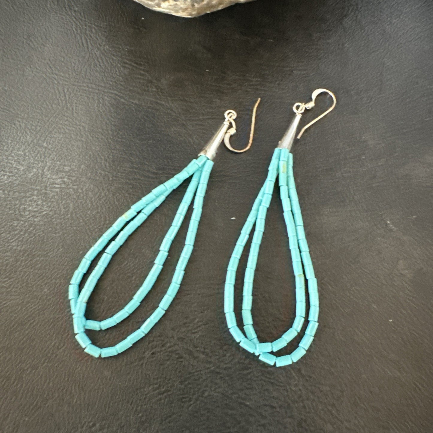 New Blue Turquoise Heishi 2 Strand Dangle Sterling Silver Earrings 3” 19039