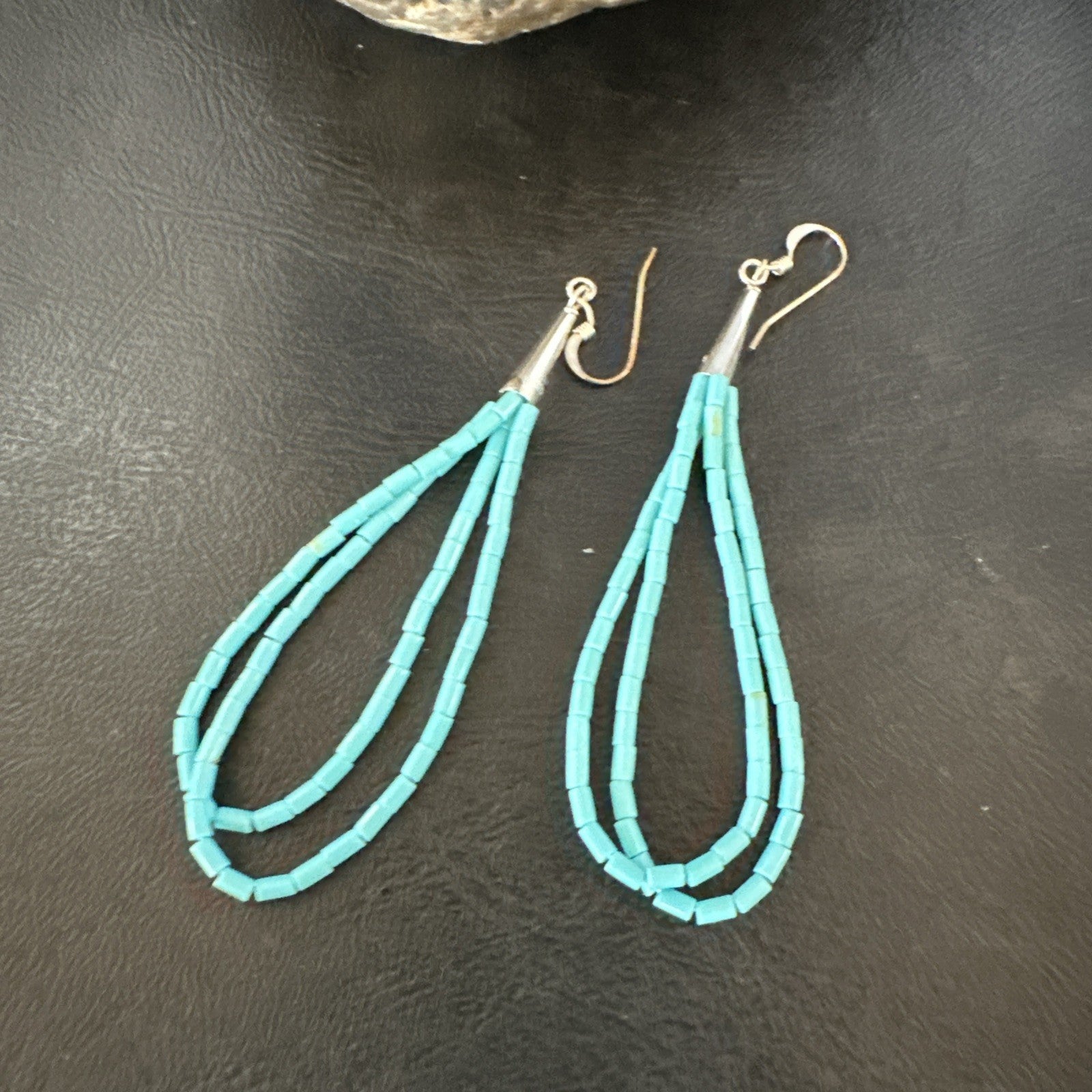 New Blue Turquoise Heishi 2 Strand Dangle Sterling Silver Earrings 3” 19039