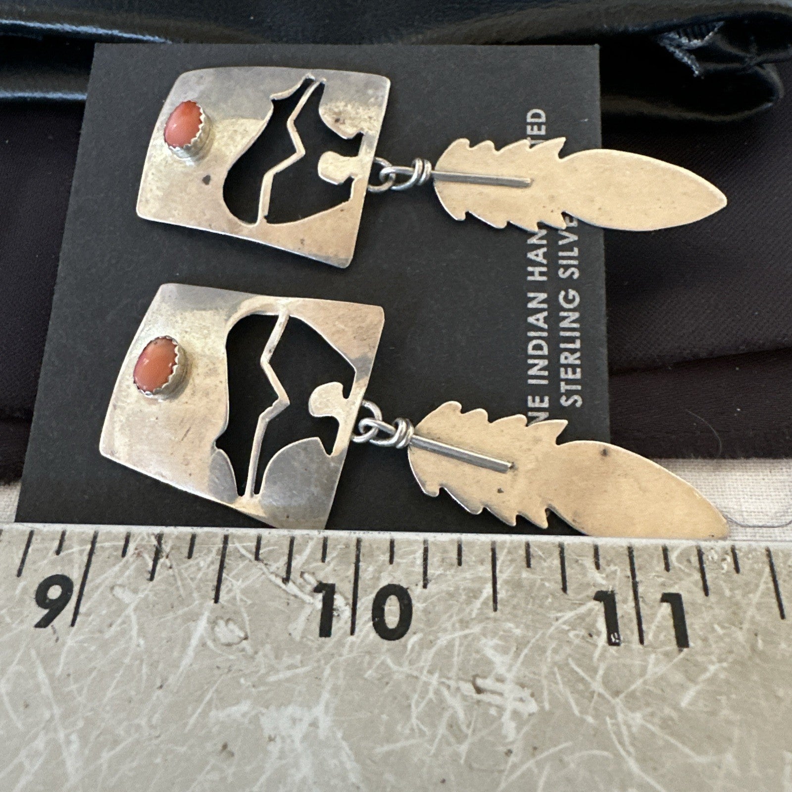 Old Pawn Pink Coral Navajo Sterling Silver Dangle Bear Feather Earrings 2” 19084
