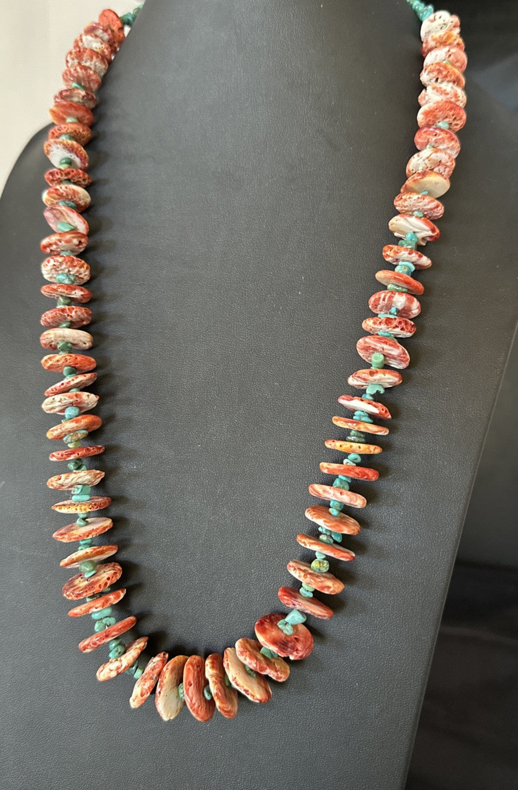 Red Spiny Oyster  Blue Turquoise Navajo Sterling Silver Necklace 28" 19718