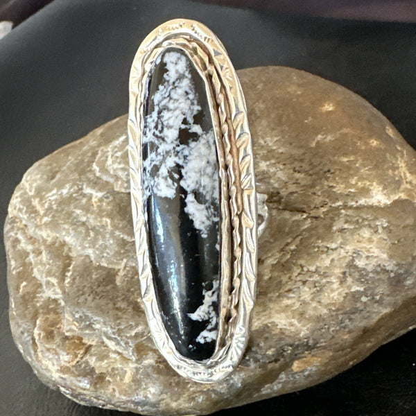 X Long Navajo White Buffalo Turquoise Ring Sterling Silver Sz 8 19767
