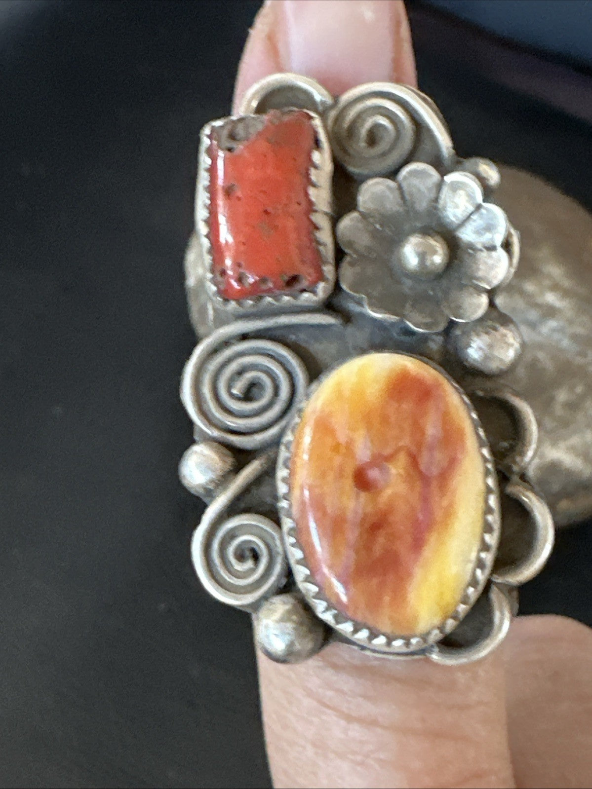 Old Pawn Spiny Oyster Coral Navajo Sterling Silver Cluster Ring Sz 6 19762