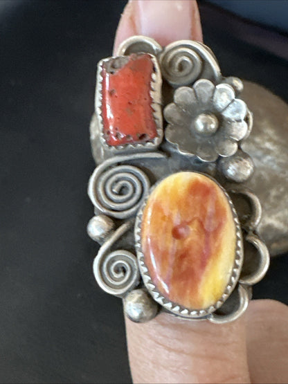 Old Pawn Spiny Oyster Coral Navajo Sterling Silver Cluster Ring Sz 6 19762