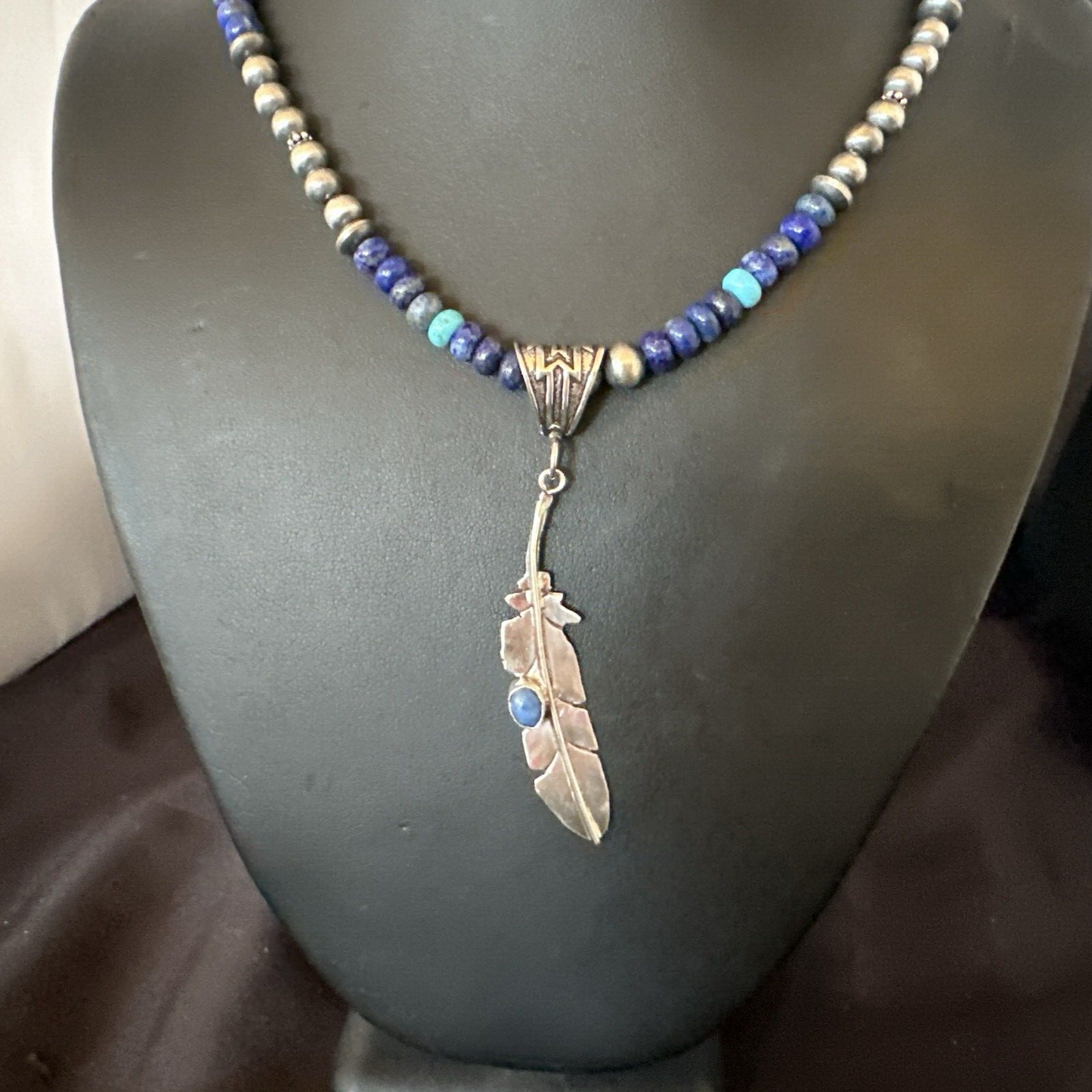 Blue Turquoise Lapis Feather Pendant Navajo Sterling Silver Necklace 21” 17789