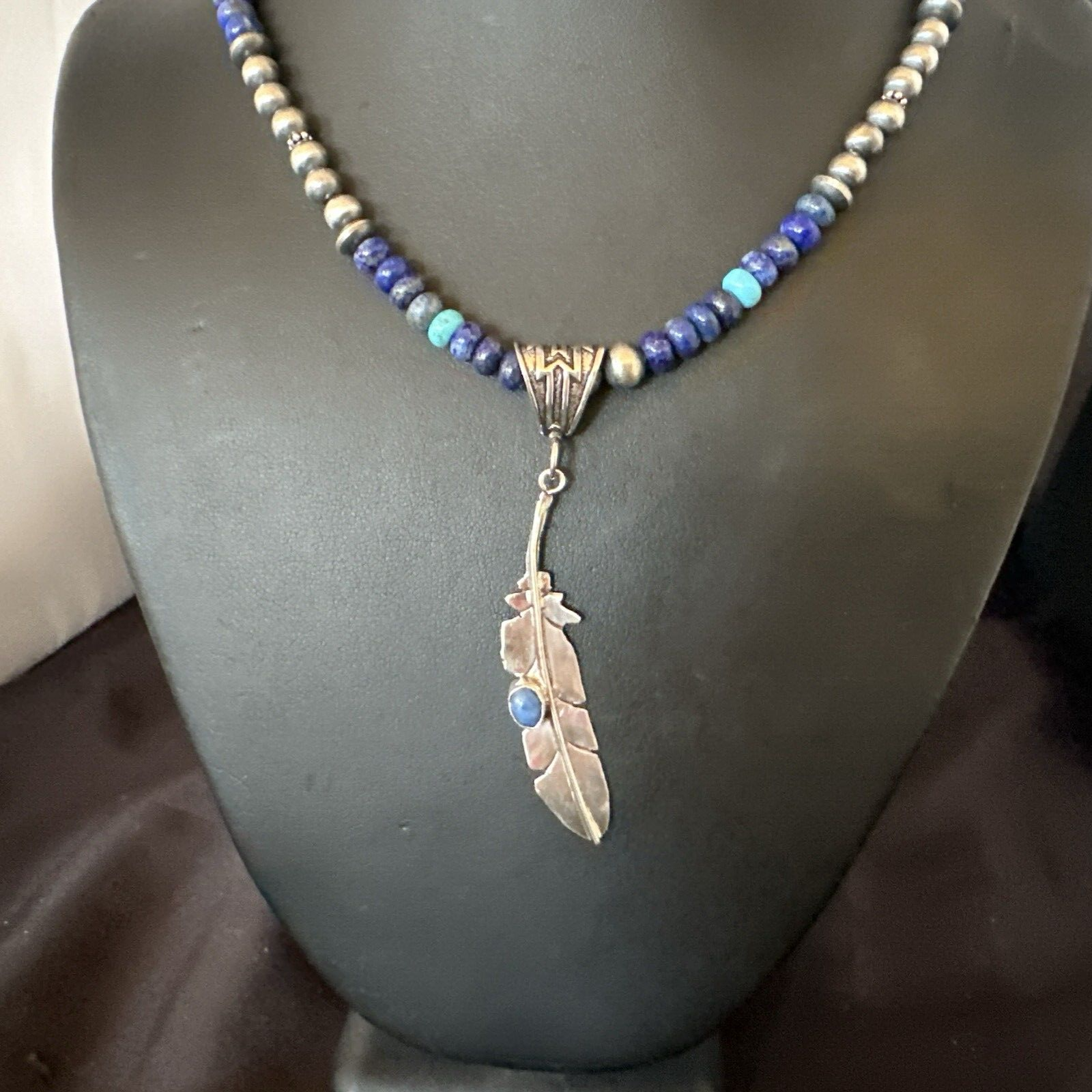 Blue Turquoise Lapis Feather Pendant Navajo Sterling Silver Necklace 21” 17789