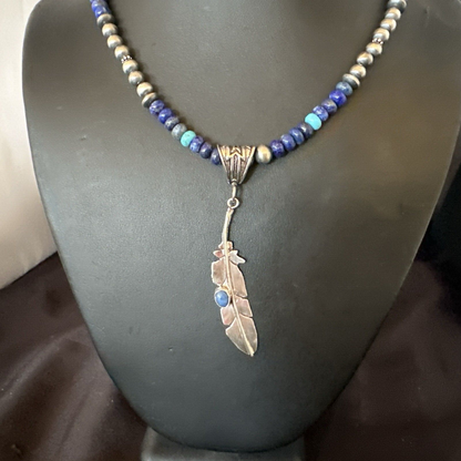 Blue Turquoise Lapis Feather Pendant Navajo Sterling Silver Necklace 21” 17789