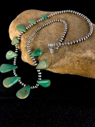 Navajo Green Turquoise Teardrop Necklace Sterling Silver Handmade 8744