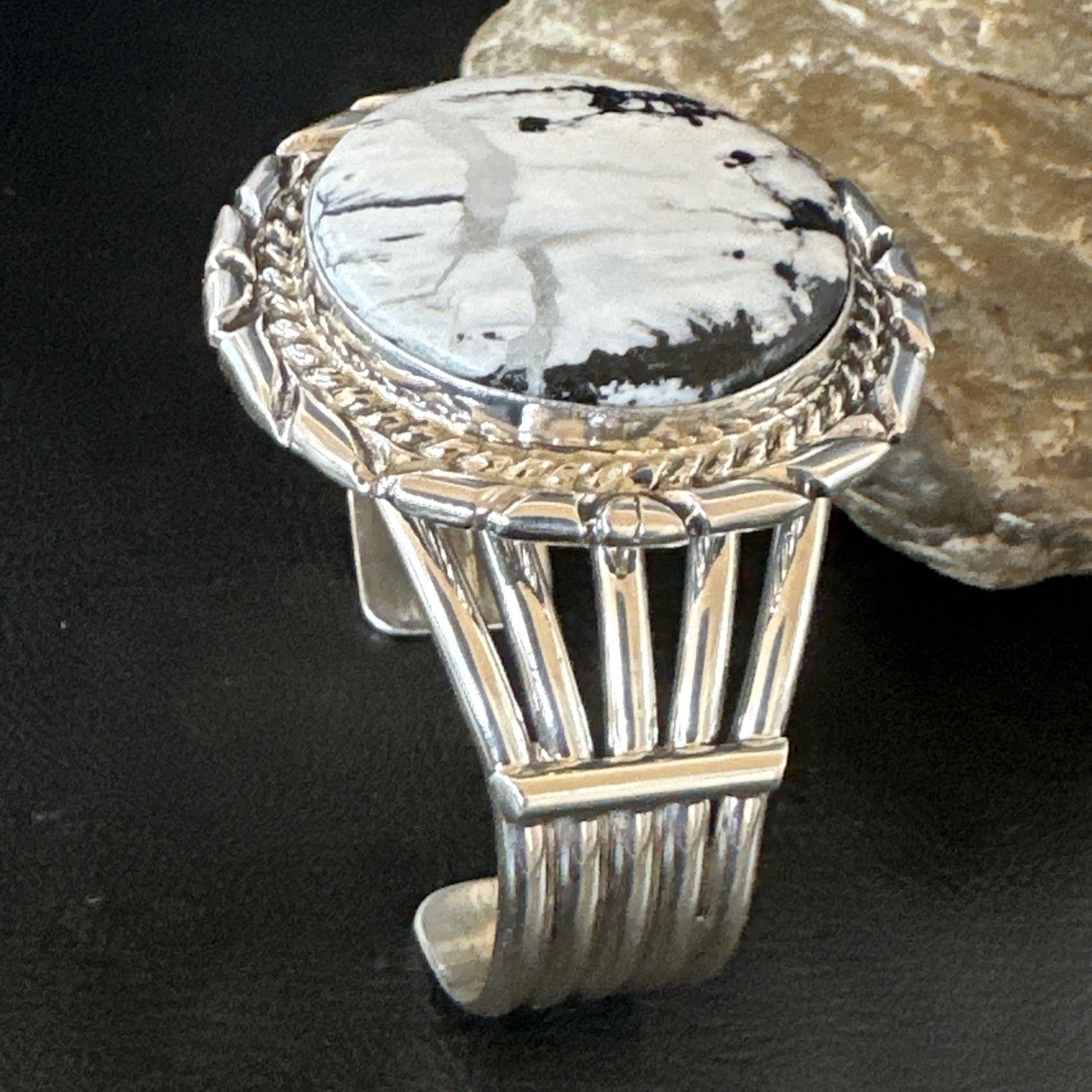 White Buffalo Turquoise Navajo Sterling Silver Cuff Bracelet 19279