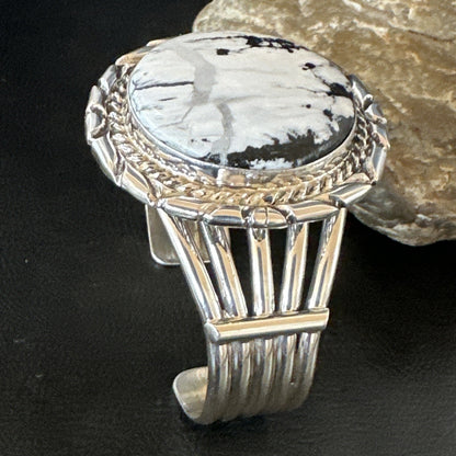 White Buffalo Turquoise Navajo Sterling Silver Cuff Bracelet 19279