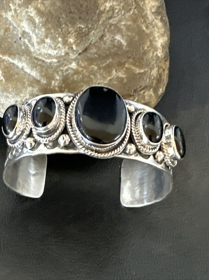 Native Mens Navajo Sterling Silver Black Onyx Cuff Bracelet 5 Stone 18018
