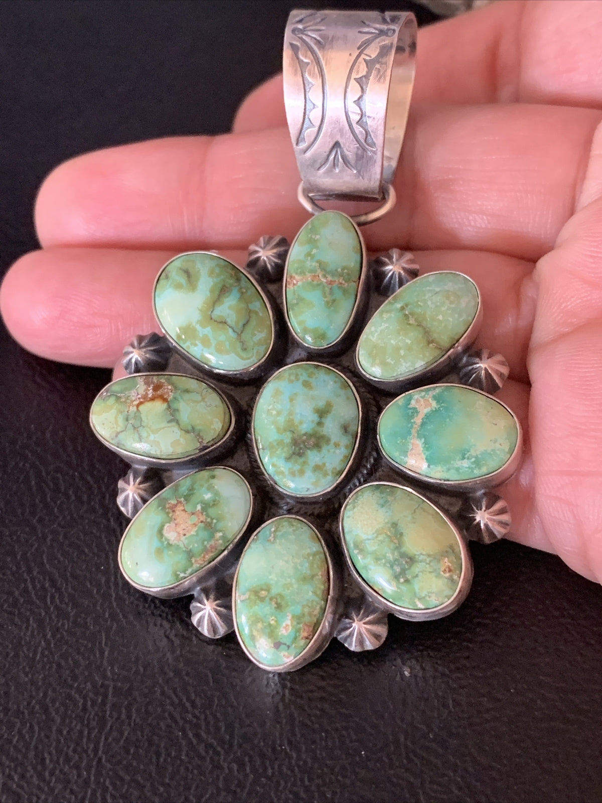 Green Sonoran Gold Turquoise Navajo Sterling Silver Cluster Pendant 14070