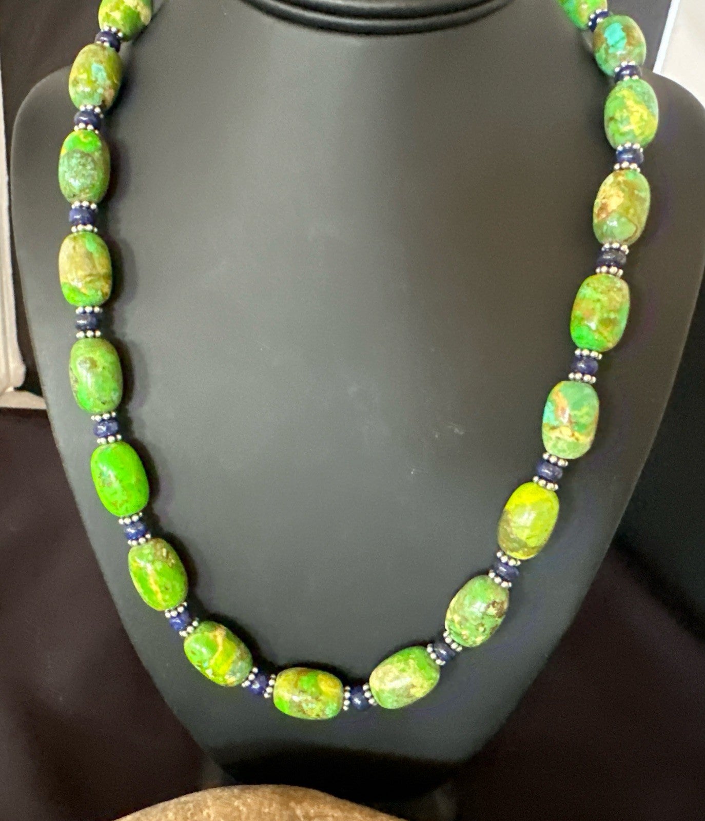 Green Turquoise Lapis Nugget Southwestern Sterling Silver Necklace 22" 19249