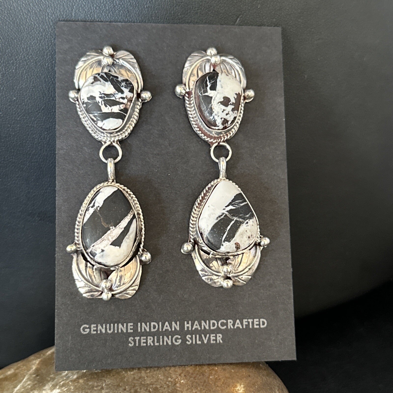 Women Navajo White Buffalo Turquoise Sterling Silver Dangle Earrings 2.5" 14743N