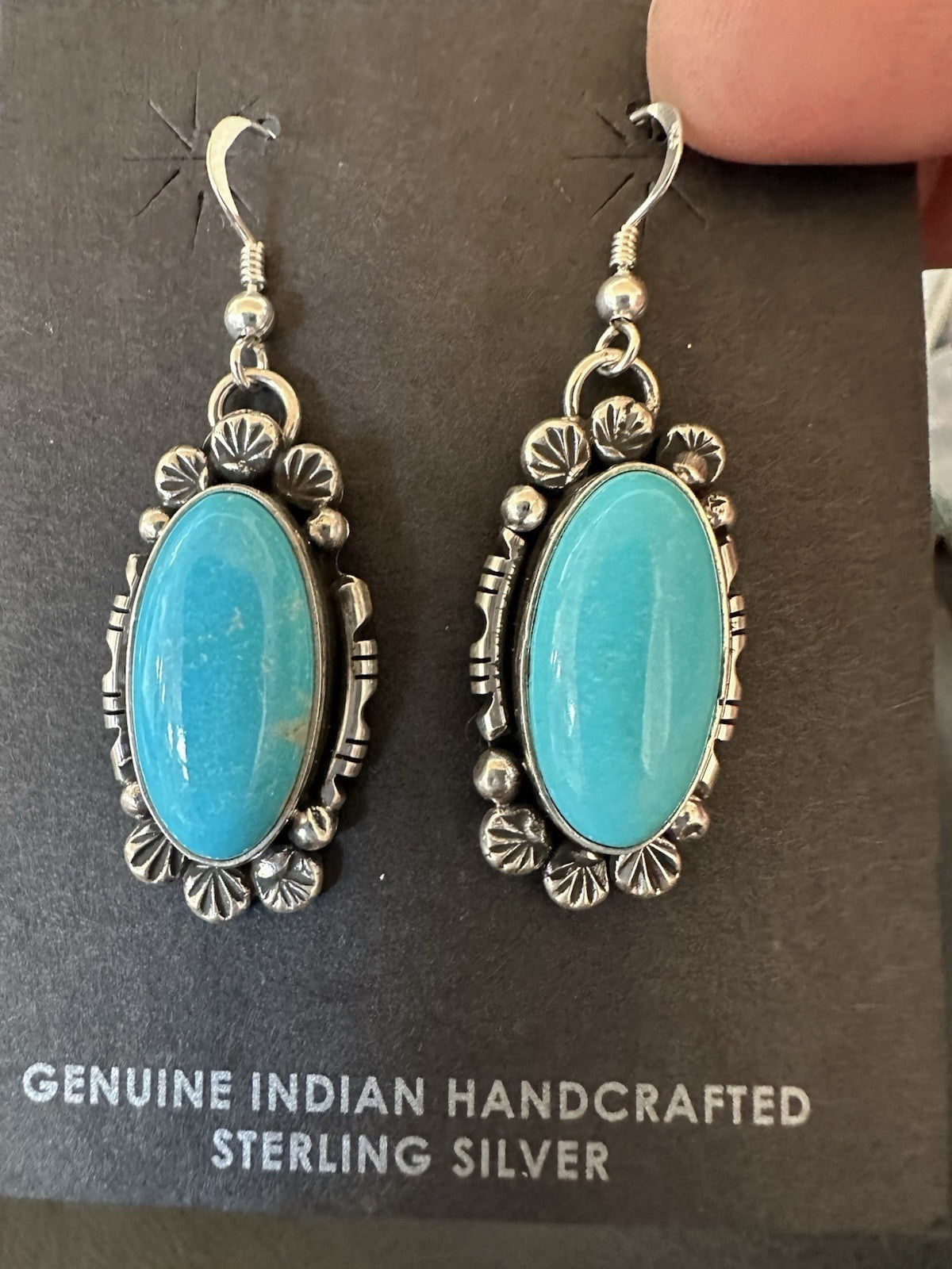 Handmade Blue Turquoise Sterling Silver Navajo Dangle Earrings Yazzie 19536