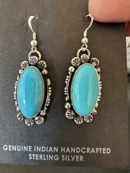 Handmade Blue Turquoise Sterling Silver Navajo Dangle Earrings Yazzie 19536