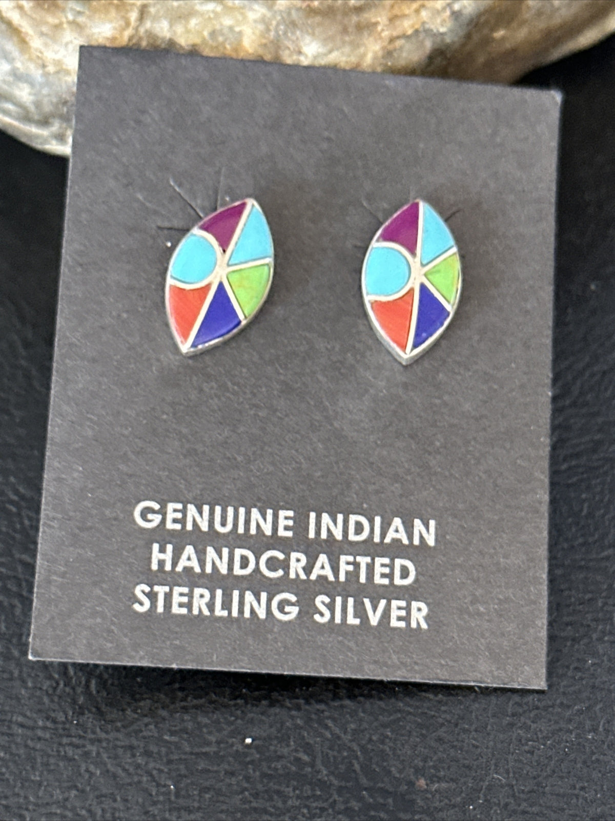Blue Turquoise & Spiny Oyster Navajo Sterling Silver Inlay Earrings 0.5" 14767