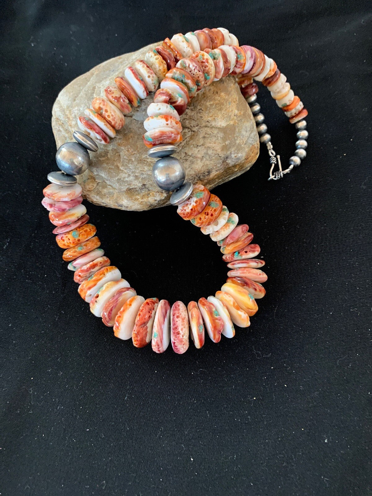 Native Red Spiny Oyster Navajo Pearls Sterling Silver Necklace 20" 03243