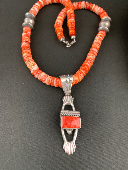Mens Red Spiny Oyster Pendant Navajo Pearls Sterling Silver Necklace 18359