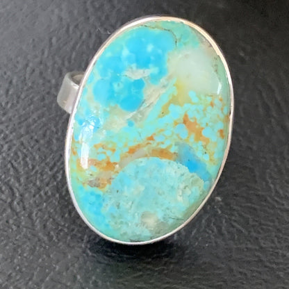 Blue Kingman Turquoise Oval Navajo Sterling Silver Ring Size 8 Adjustable 12800