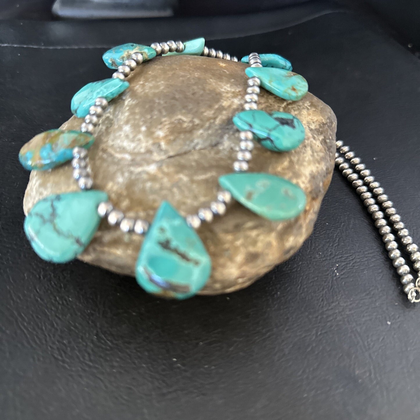 Blue Turquoise Teardrop Navajo Pearls Sterling Silver Necklace 14391