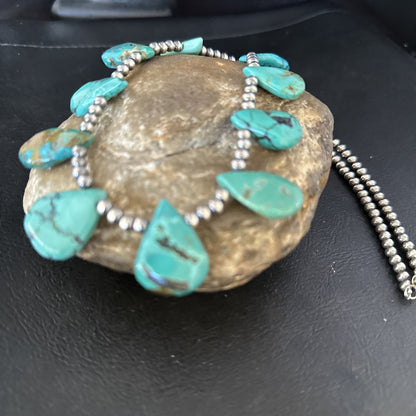 Blue Turquoise Teardrop Navajo Pearls Sterling Silver Necklace 14391
