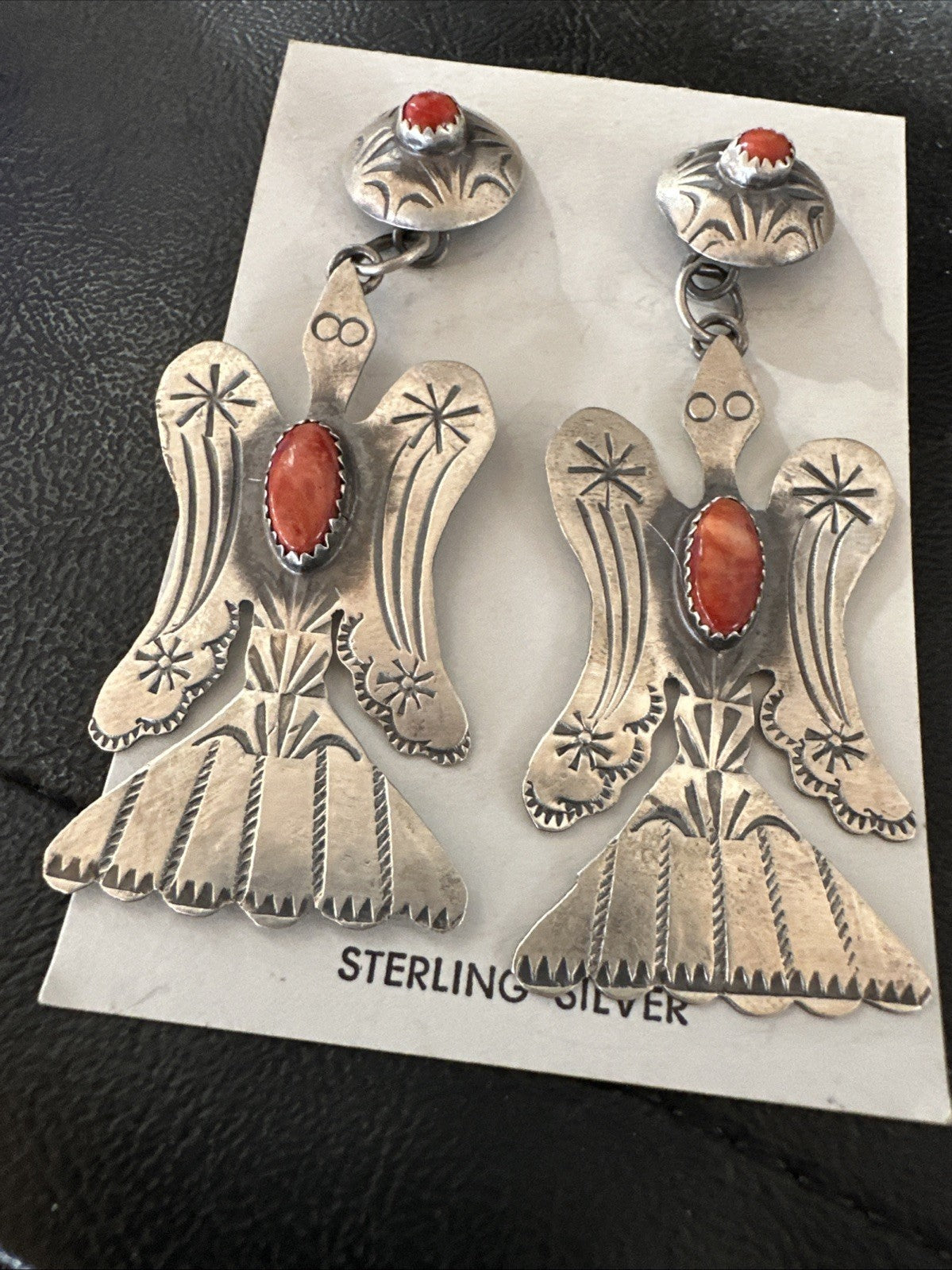 Thunderbird Navajo Womens Stamped Spiny Dangle Earrings Sterling Silver 19787
