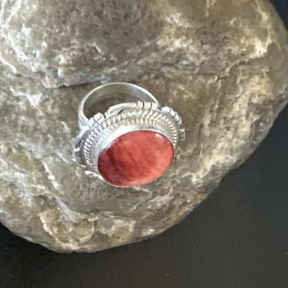 Pinky Women Red Spiny Oyster Navajo Sterling Silver Ring Sz 5.5 18593