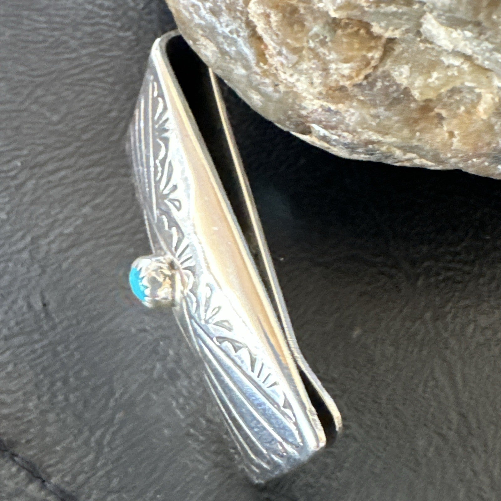 Mens Blue Turquoise Navajo Credit Card Holder Stamped Silver Money Clip 19734