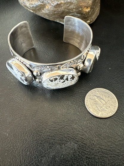 Mens White Buffalo Turquoise Navajo Sterling Silver Cuff Bracelet 7.5" 19428