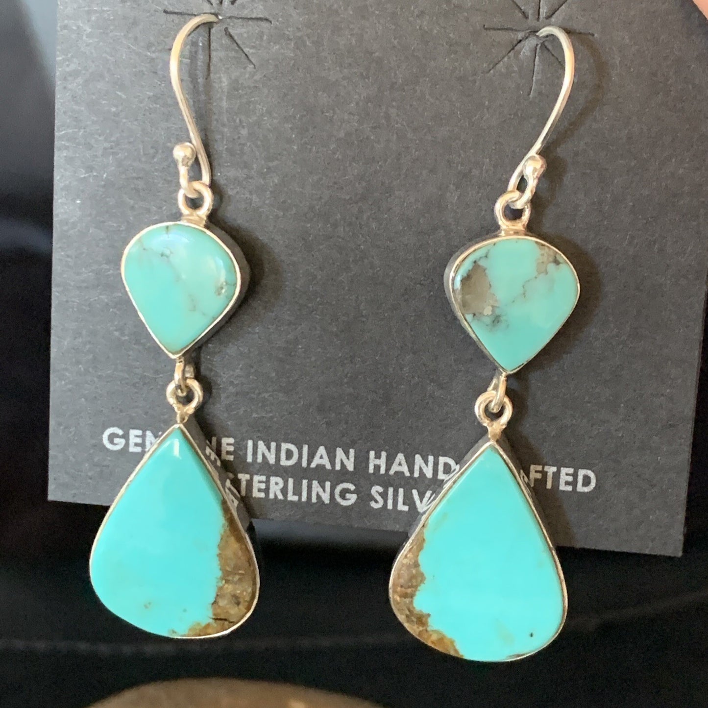 Kingman Turquoise Handmade Navajo Sterling Silver Dangle Earrings 13899