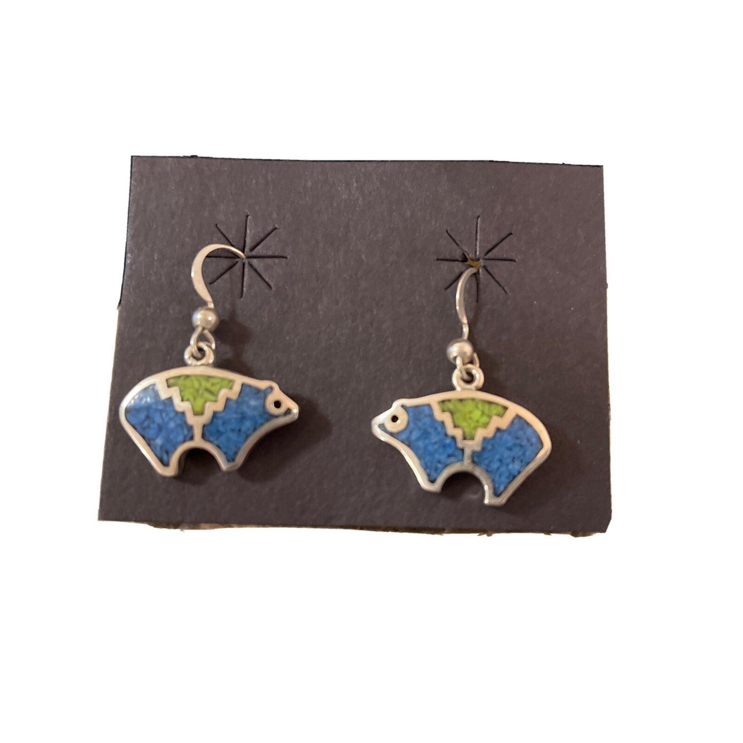 Blue Lapis & Green Turquoise Sterling Silver Bear Inlay Earrings 0.25" 01510