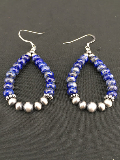 Blue Lapis Lazuli Bead Navajo Sterling Silver Dangle Earrings 2" 1250