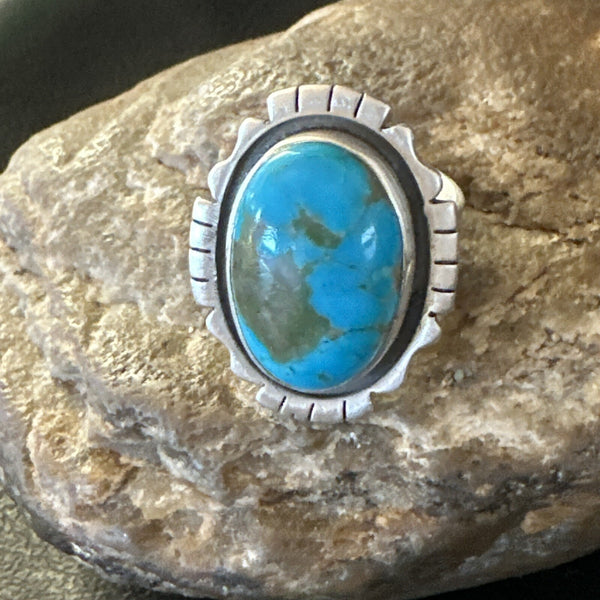 Blue Kingman Turquoise Navajo Adjustable Ring Size 8 | Sterling Silver | Authentic Native American Handmade | 18825
