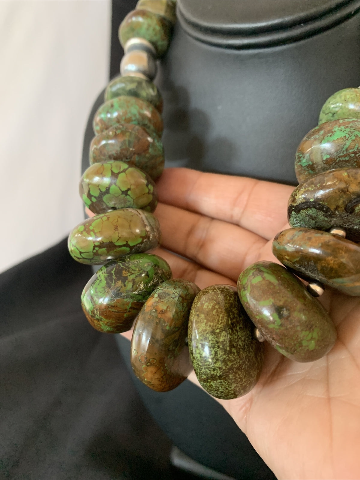Green Natural Turquoise Chunky Graduated Navajo Sterling Silver Necklace 11765