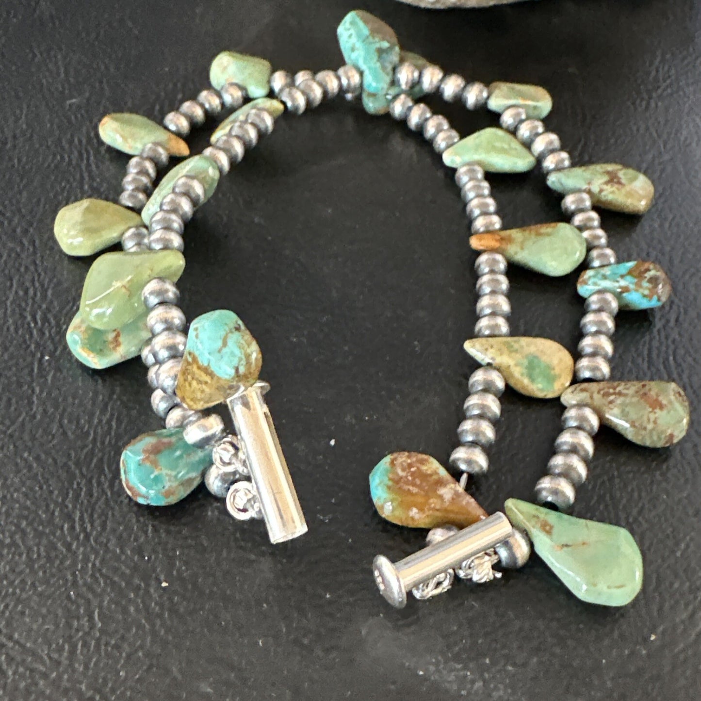 Navajo Sterling Silver Beads Green Turquoise Teardrop Bracelet 2S 7.5" 15259