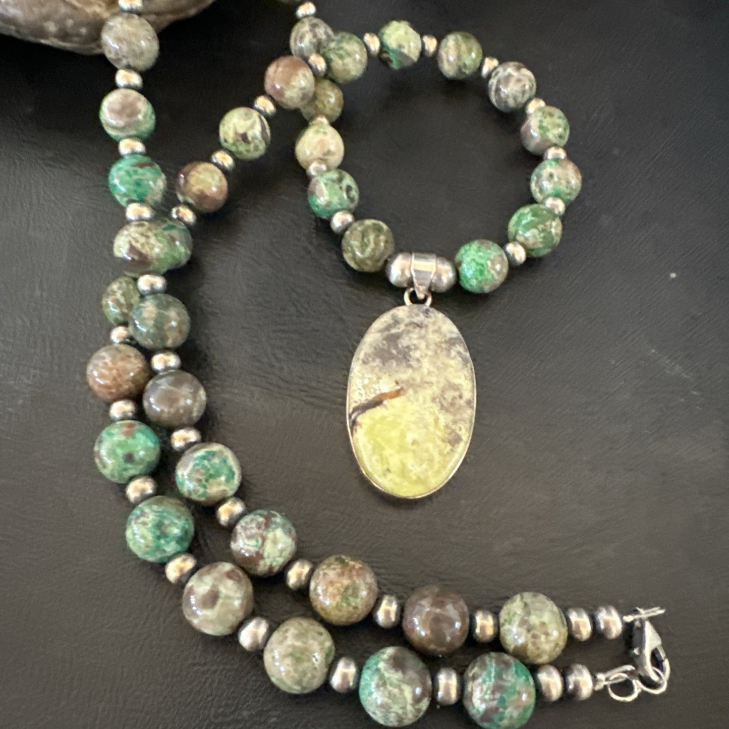 Green Gaspeite Pendant 10mm Turquoise Navajo Sterling Silver Necklace 20" 19679