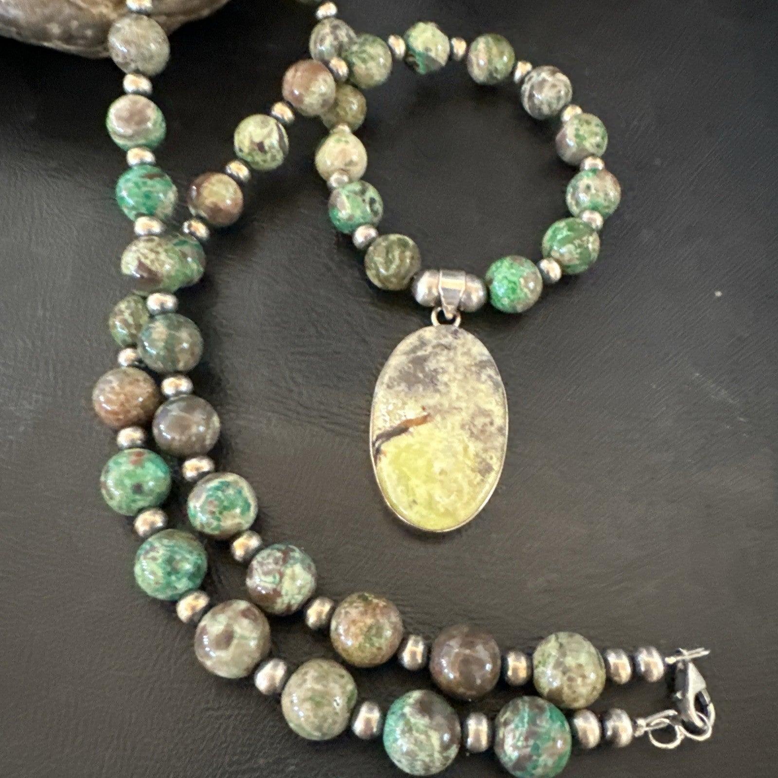 Green Gaspeite Pendant 10mm Turquoise Navajo Sterling Silver Necklace 20" 19679