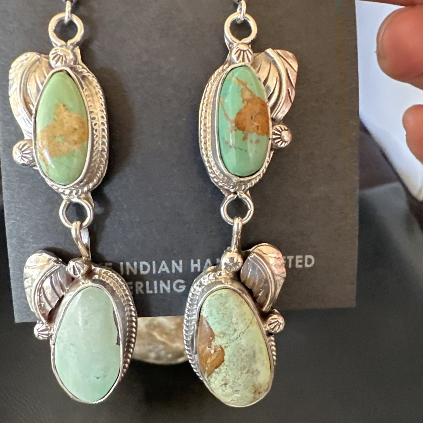 Green Royston Turquoise Navajo Sterling Silver Dangle Earrings 19603