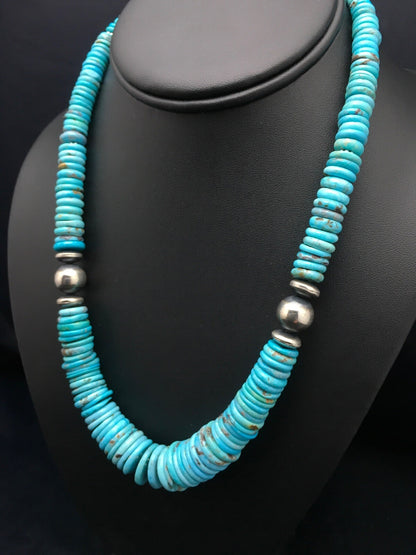 Turquoise Graduated Navajo Sterling Silver Necklace 18" 4046