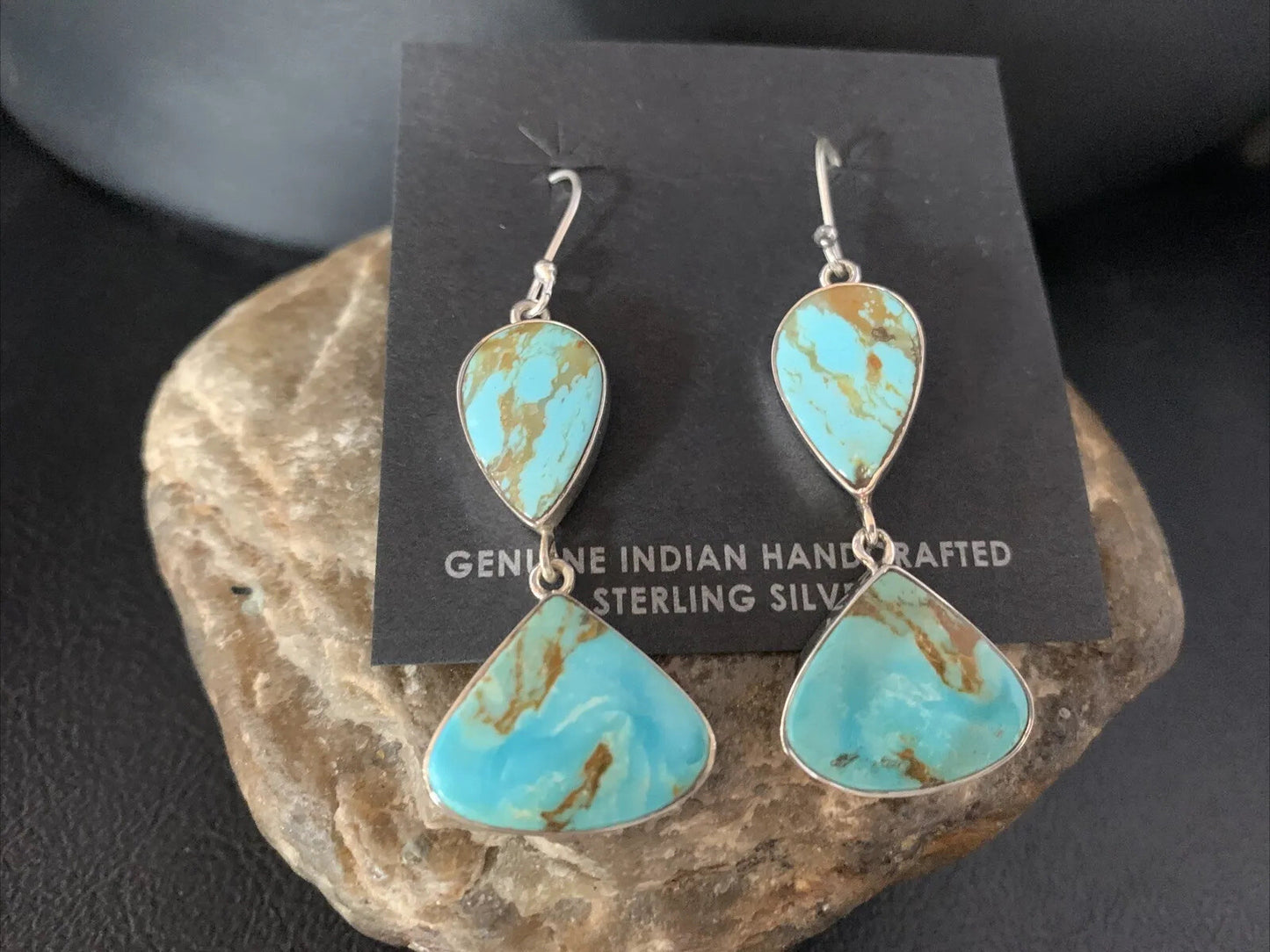 Blue Kingman Turquoise Navajo Sterling Silver Dangle Earrings 1.5" 14077