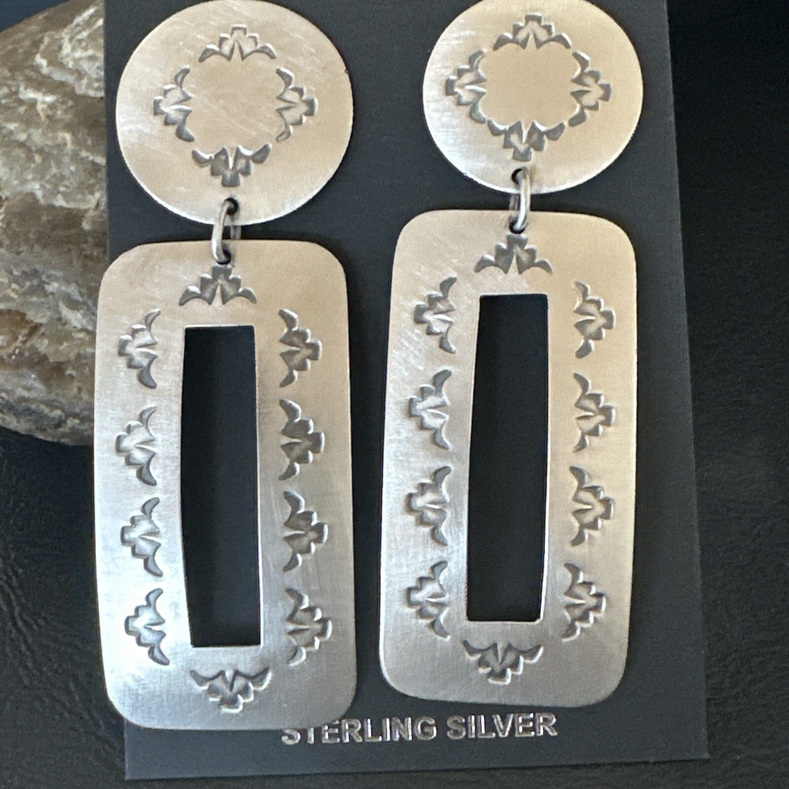 Popular Navajo Stamped Sterling Silver Stamped Handmade Earrings  2.75" 17859