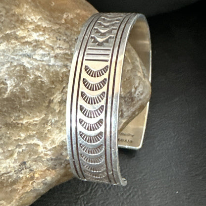 Stamped Cuff Bracelet Native American Navajo Sterling Silver 18119