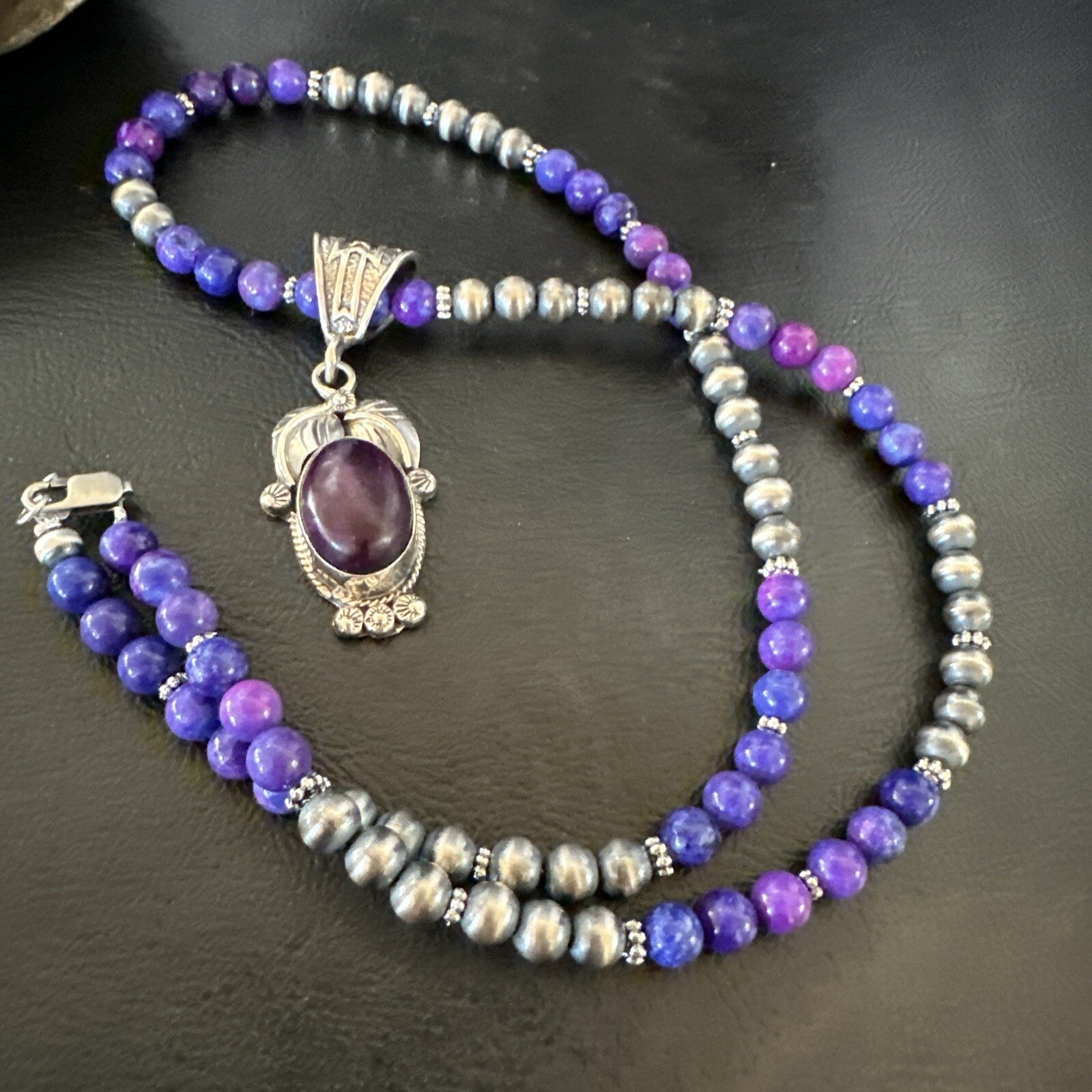 Purple Stone Pendant Navajo Pearls Sterling Silver Necklace 18387