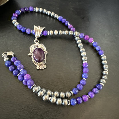 Purple Stone Pendant Navajo Pearls Sterling Silver Necklace 18387