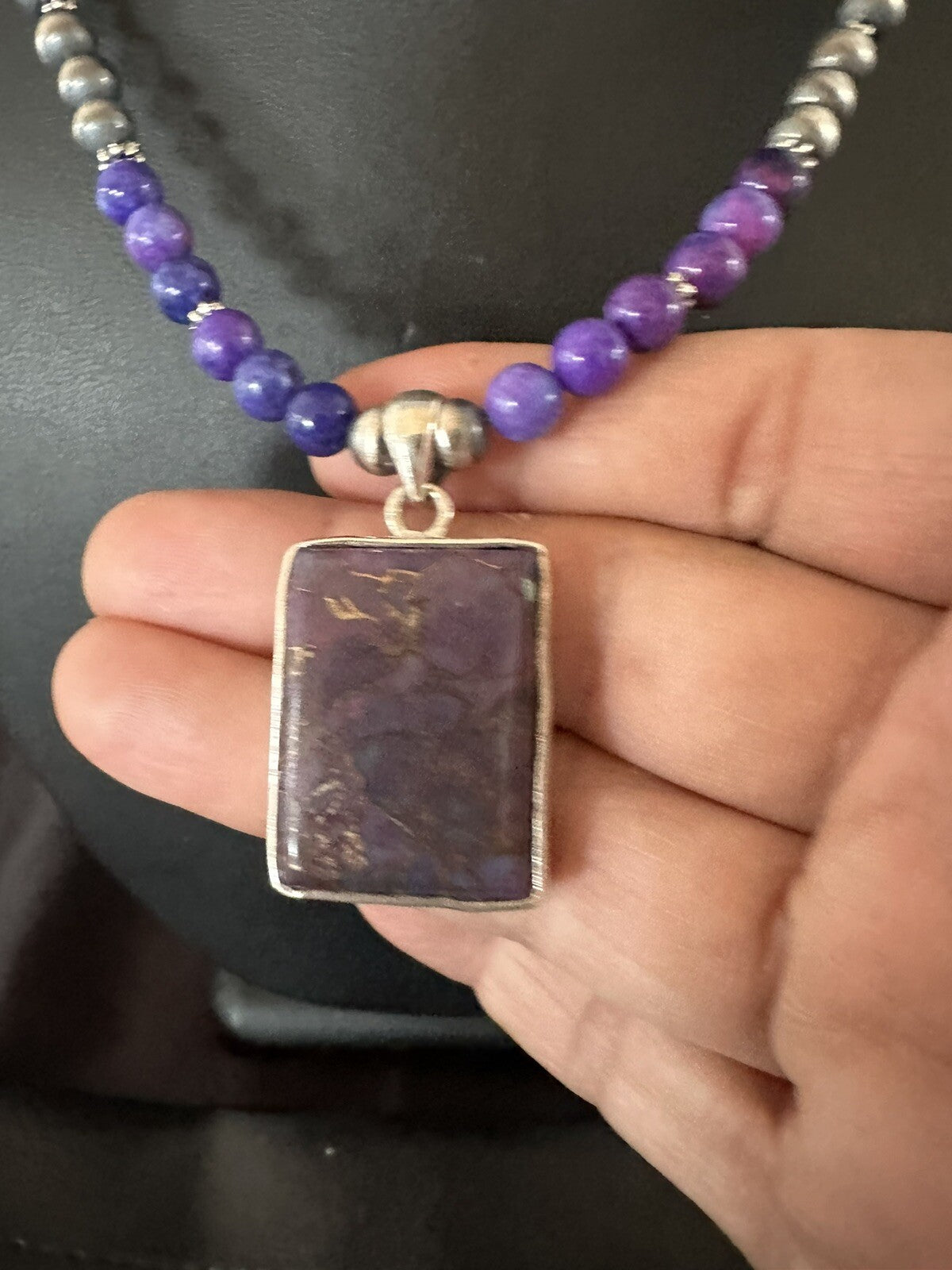 Purple Stone Turquoise Pendant Navajo Pearls Sterling Silver Necklace 18384
