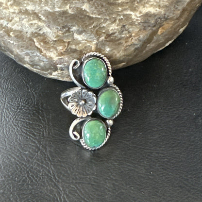 Yazzie Ring Green Turquoise Navajo Sterling Silver Cluster Size 9.5 19242