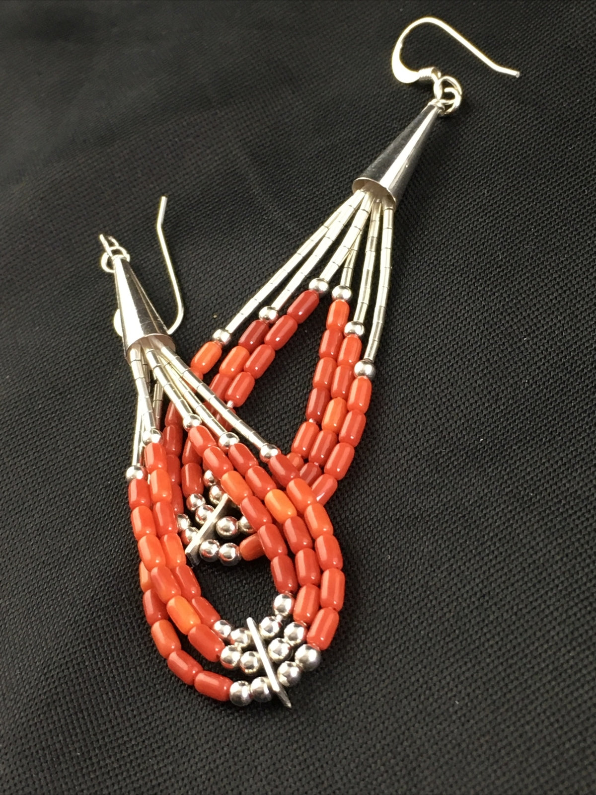 Red Coral 3 Strands Heishi Liquid Sterling Silver Dangle Earrings 1977
